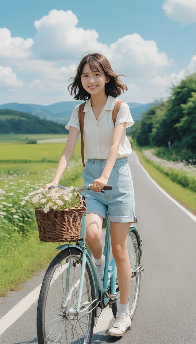 Ragazza giapponese in bicicletta su una dritta strada di campagna a Hokkaido