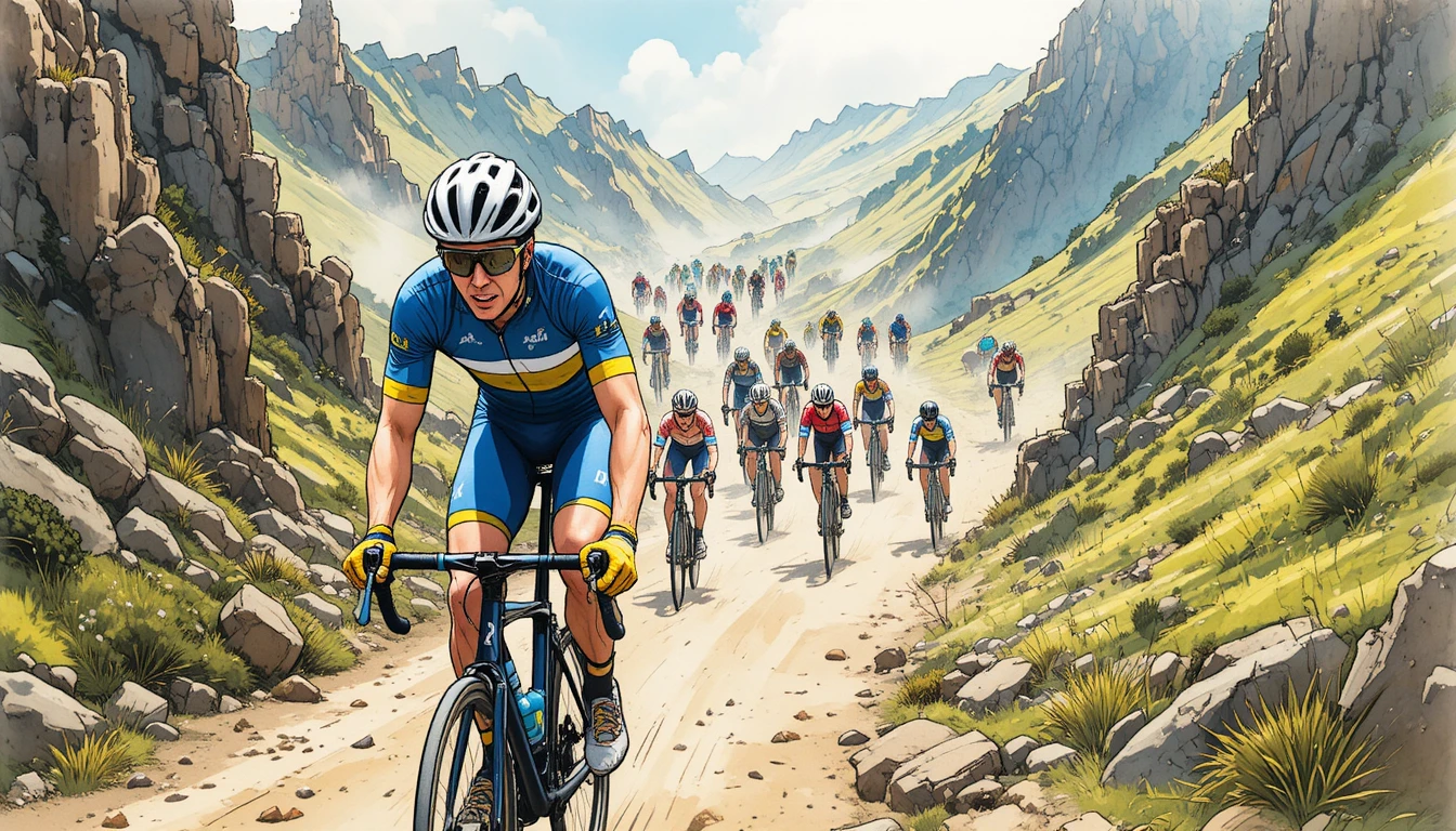 Ciclista em desenho animado correndo em trilha montanhosa empoeirada e caótica