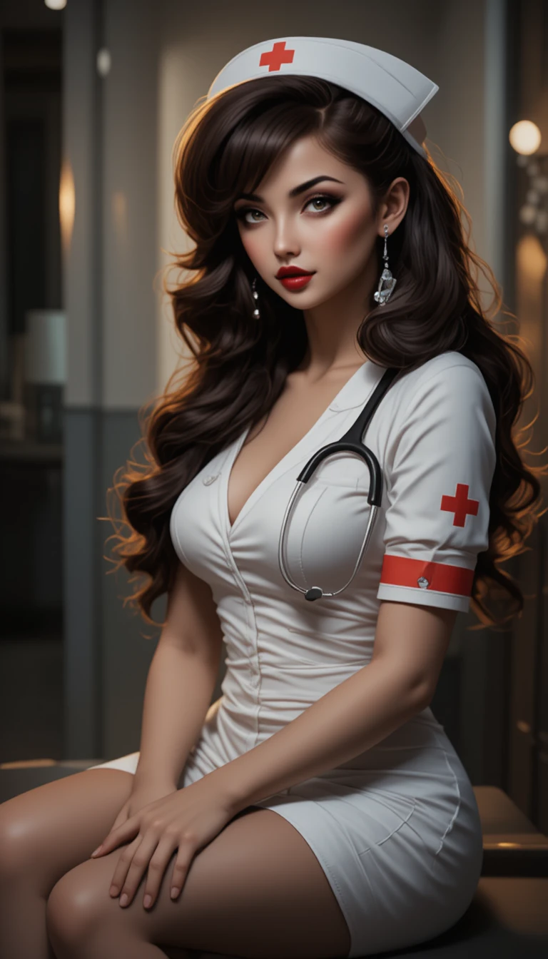 Confident young nurse in white dress sitting with crossed legs