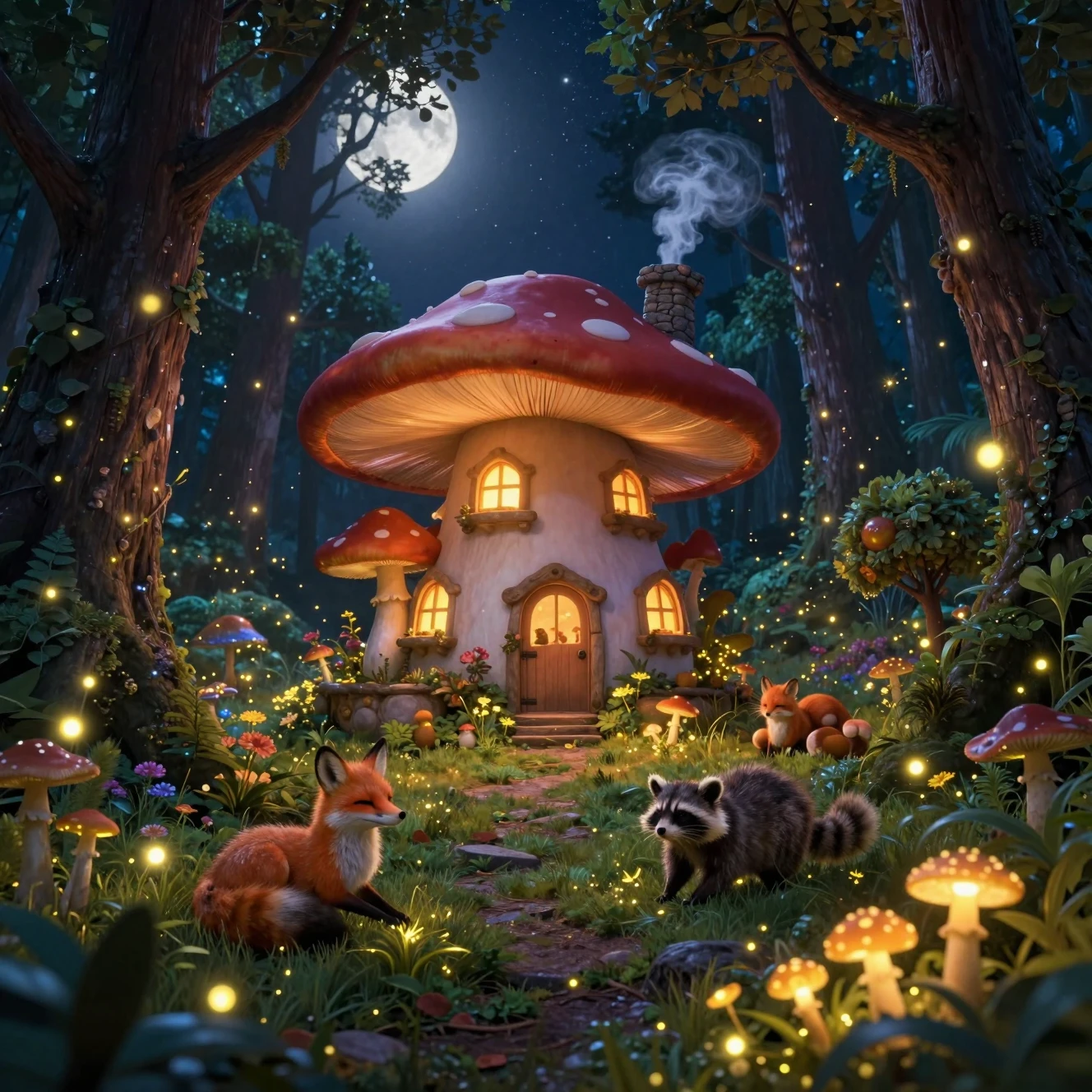 Accogliente casa fungo che brilla in una foresta fantastica illuminata dalla luna