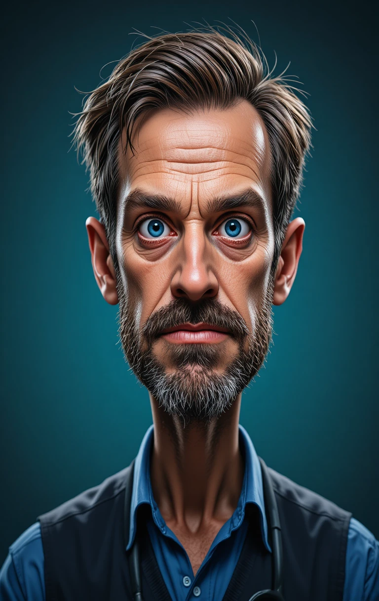 Caricatura em close intenso de um homem de olhos azuis pensativo