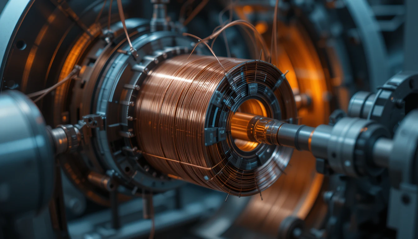 Vue macro d’une bobineuse à aiguille enroulant du cuivre sur un noyau de stator