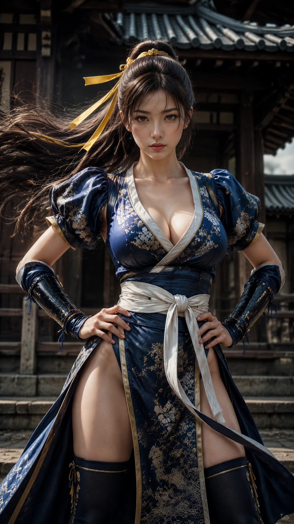Guerrera japonesa con armadura de kimono azul ornamentada