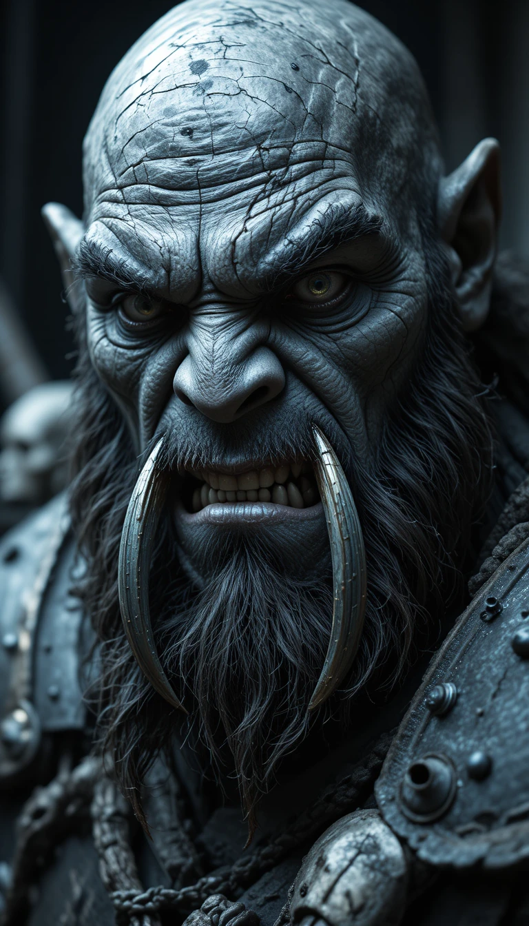 Retrato Intenso em Preto e Branco de um Senhor da Guerra Orc Cicatrizado