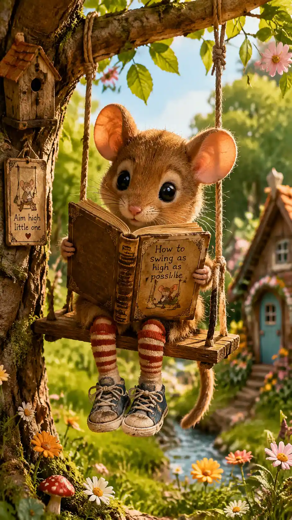 Cute baby mouse on a swing reading an ancient book
