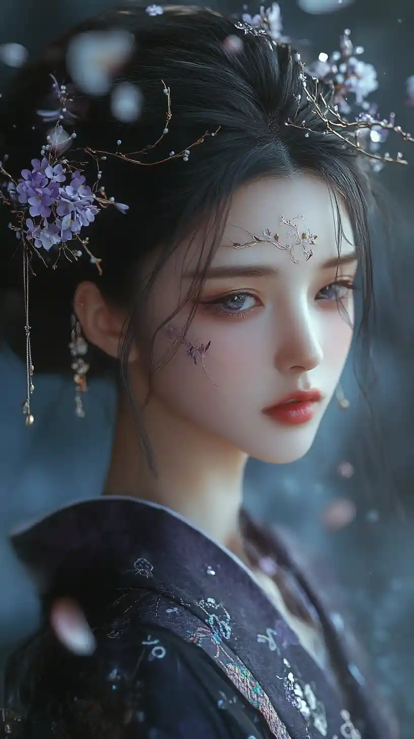 Melancholic woman in floral kimono in glowing forest
