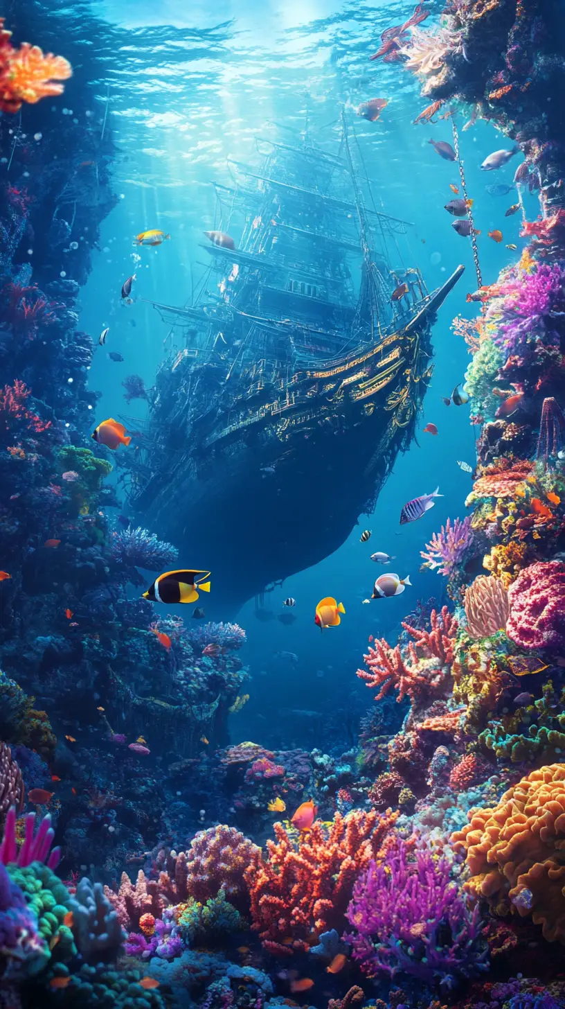 Barriera corallina colorata e relitto in una scena oceanica in stile anime
