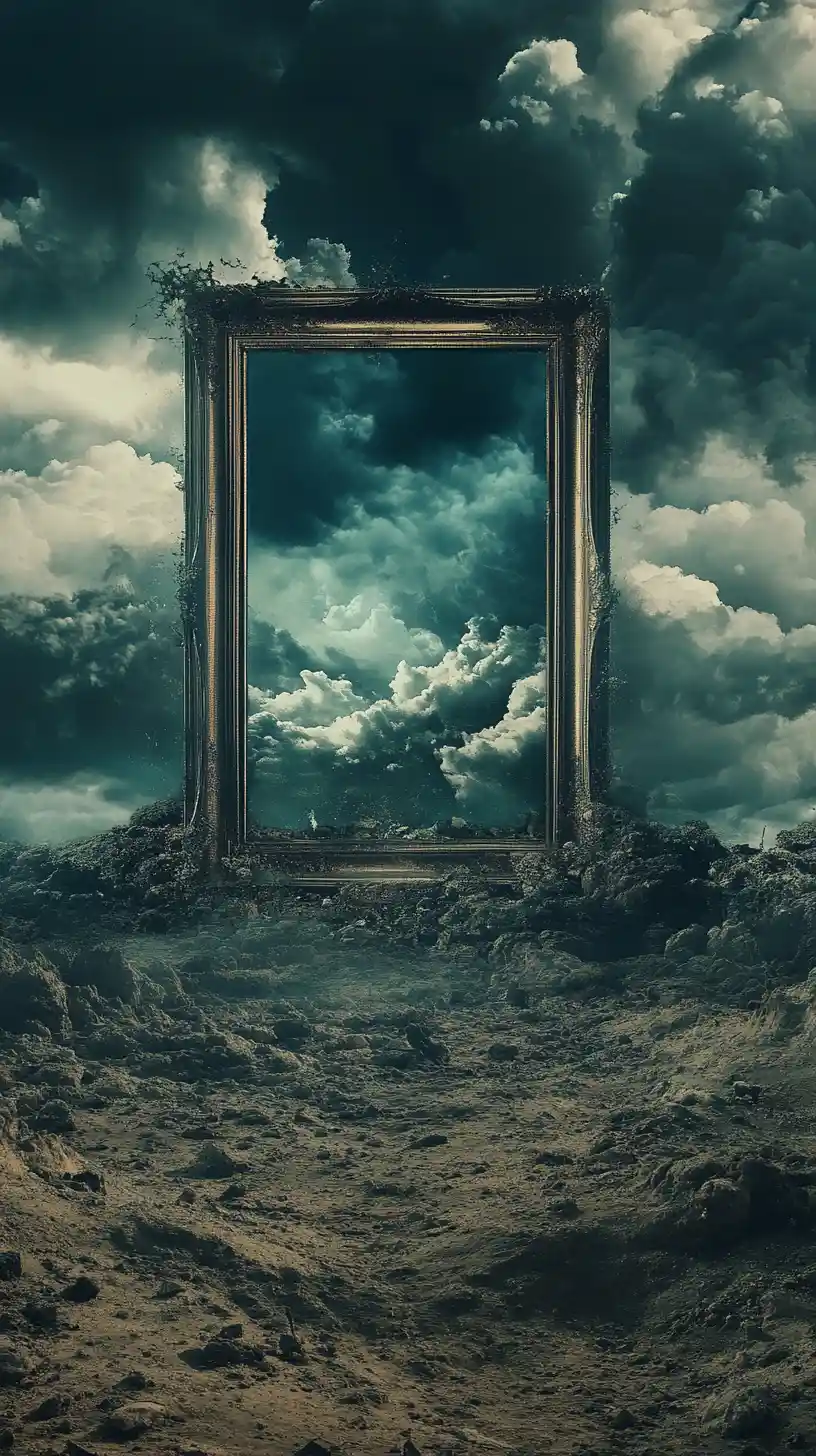 Ferne Bilderrahmen in einer zerfallenden Fantasy-Anime-Landschaft