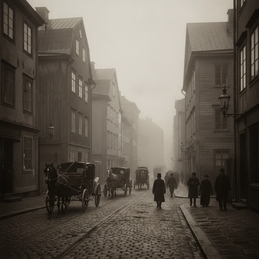 Foggy black and white view of historic Stockholm street