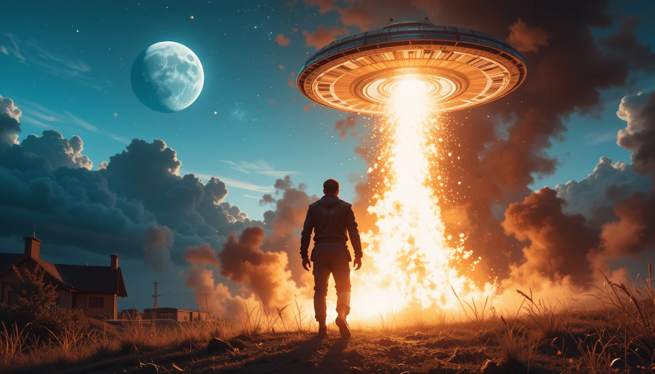Homme attaqué par un OVNI dans une scène lunaire explosive