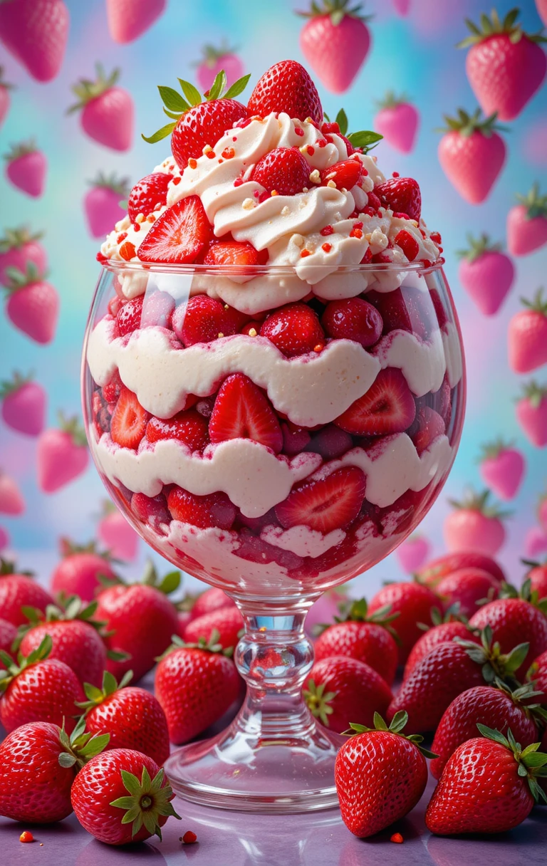 Gigante sundae de parfait de morango em taça redonda de vidro