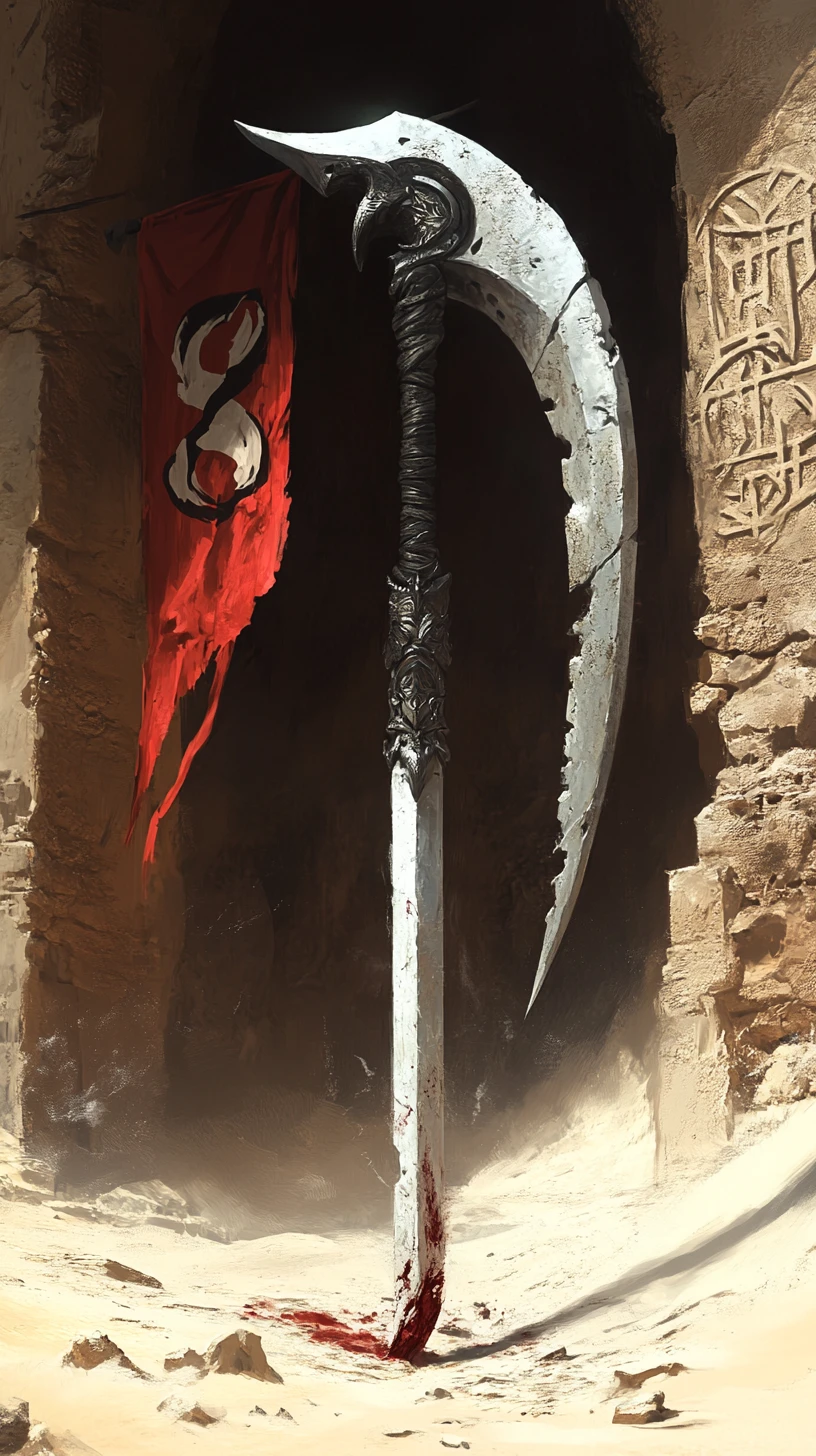 Faux de combat dans d’anciennes ruines sableuses aux runes rouges