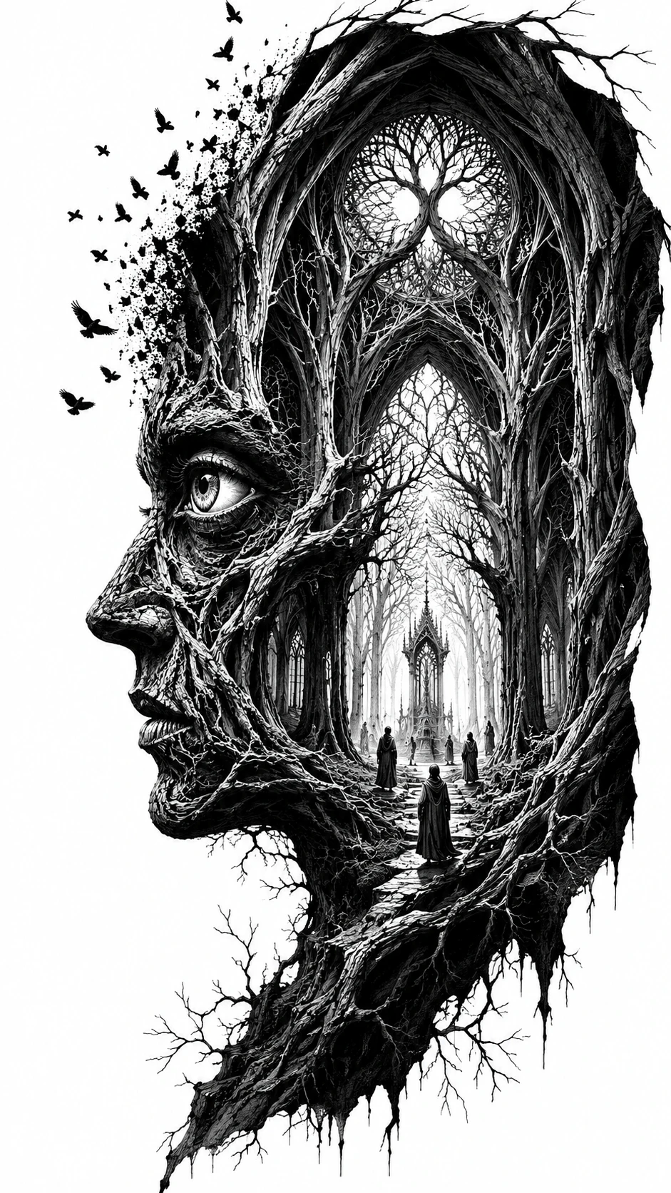 Silueta Humana Surreal Abriéndose en una Catedral Viva de Árboles
