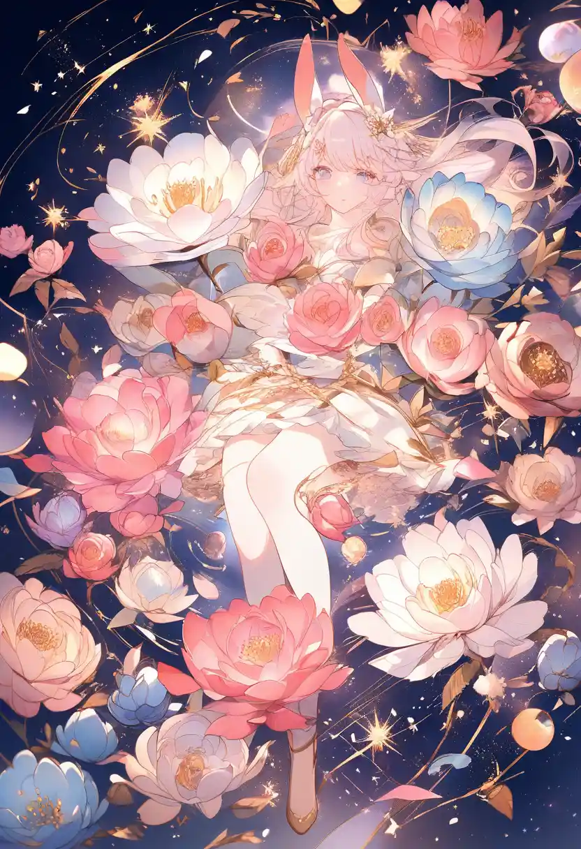 White rabbit with blue flower in moonlit fantasy garden