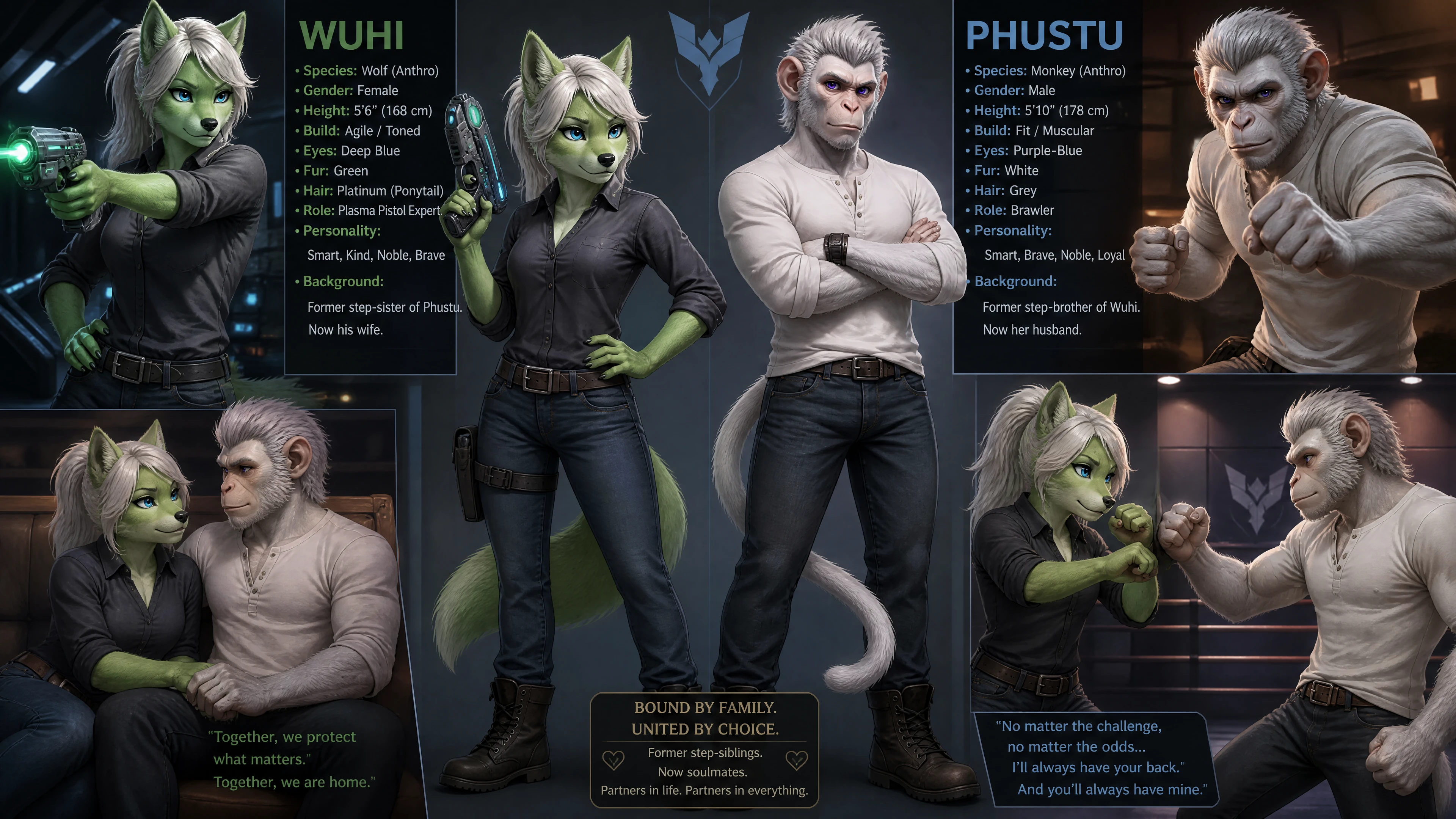 Pareja de lobo y mono antropomorfos de pie con ropa casual