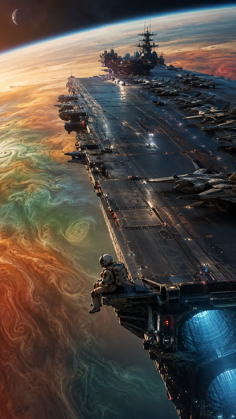 盤旋氣態巨行星上方的龐大深空航母
