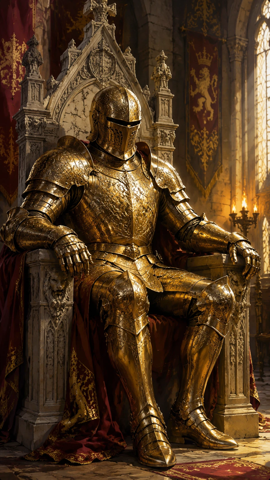 Goldener gepanzerter Ritter auf einem Thron in einer Schloss­halle