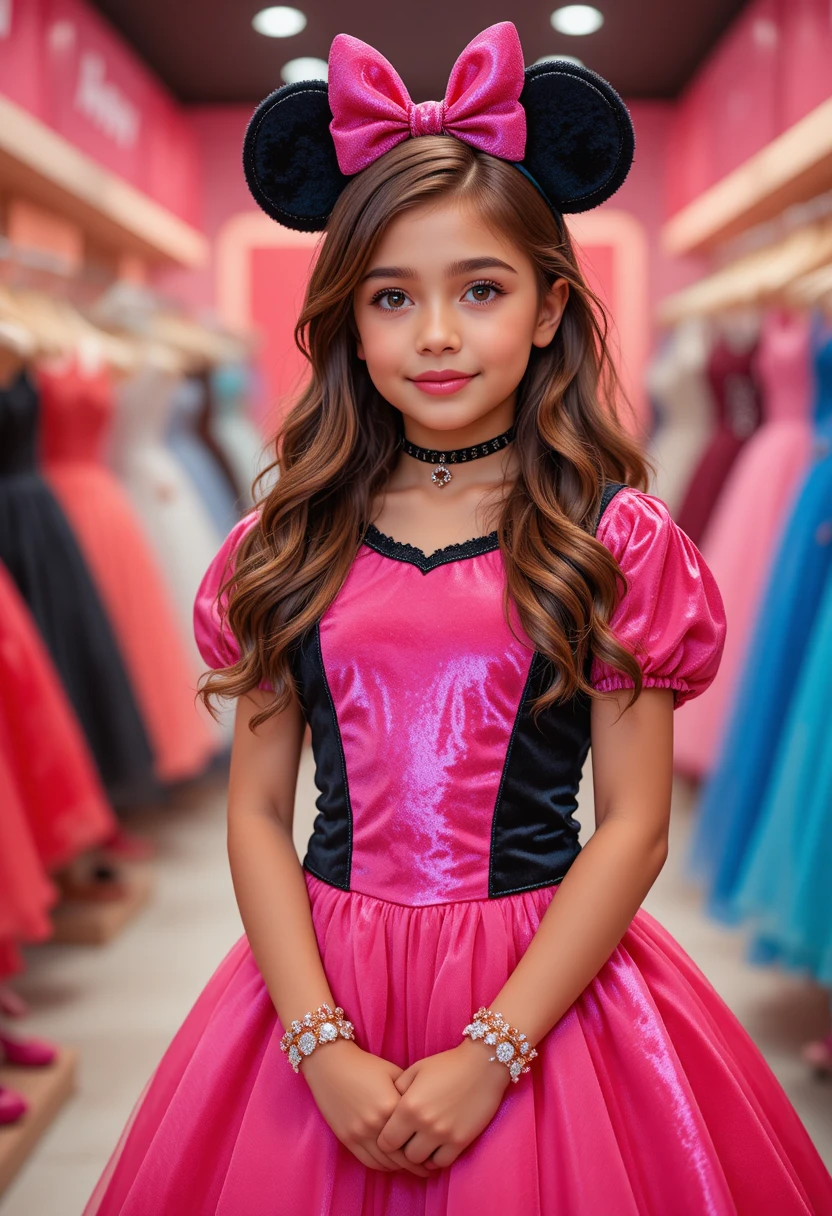 Menina com vestido rosa da Minnie em boutique da Disney