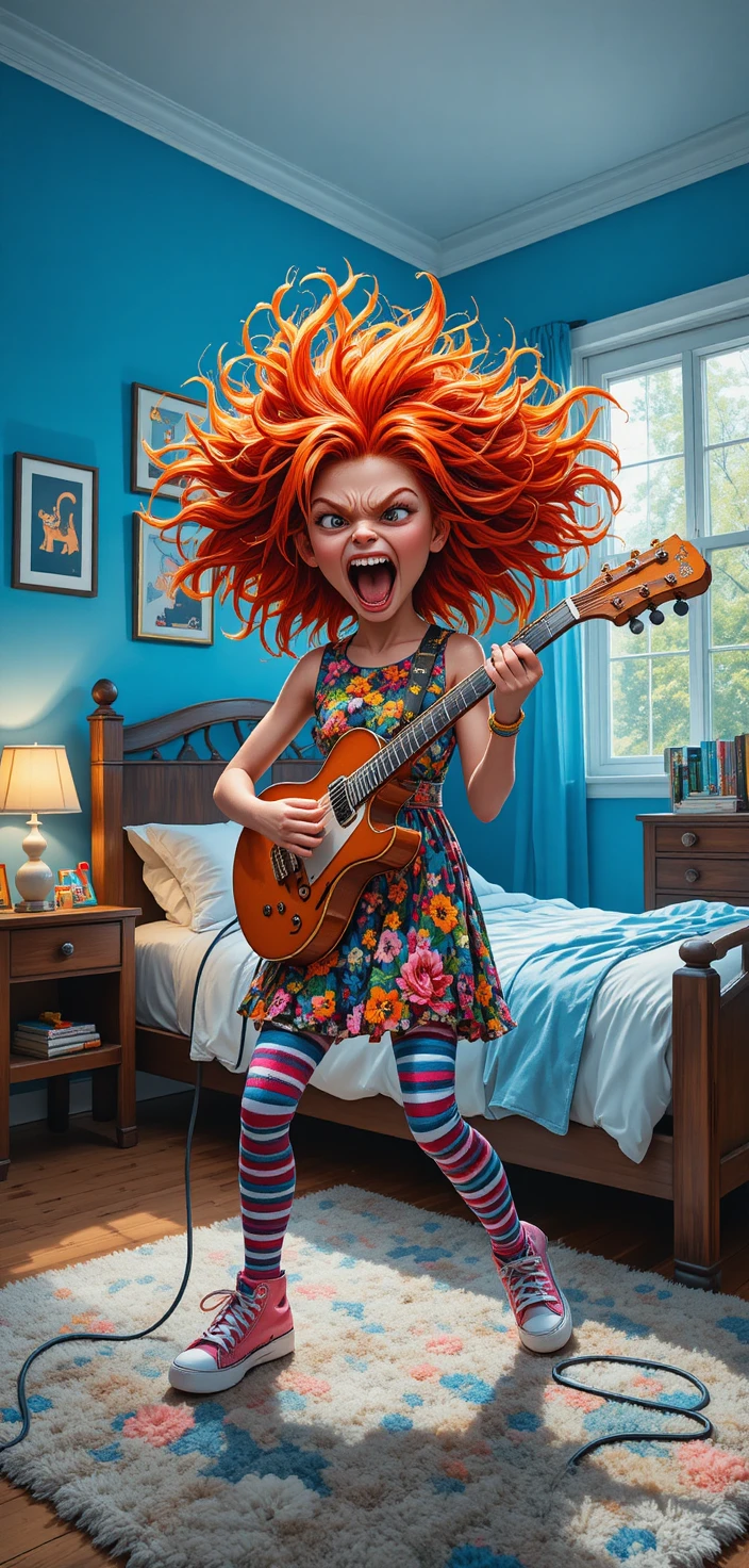Ragazza dai capelli rossi che fa rock con un violino elettrico in camera da letto