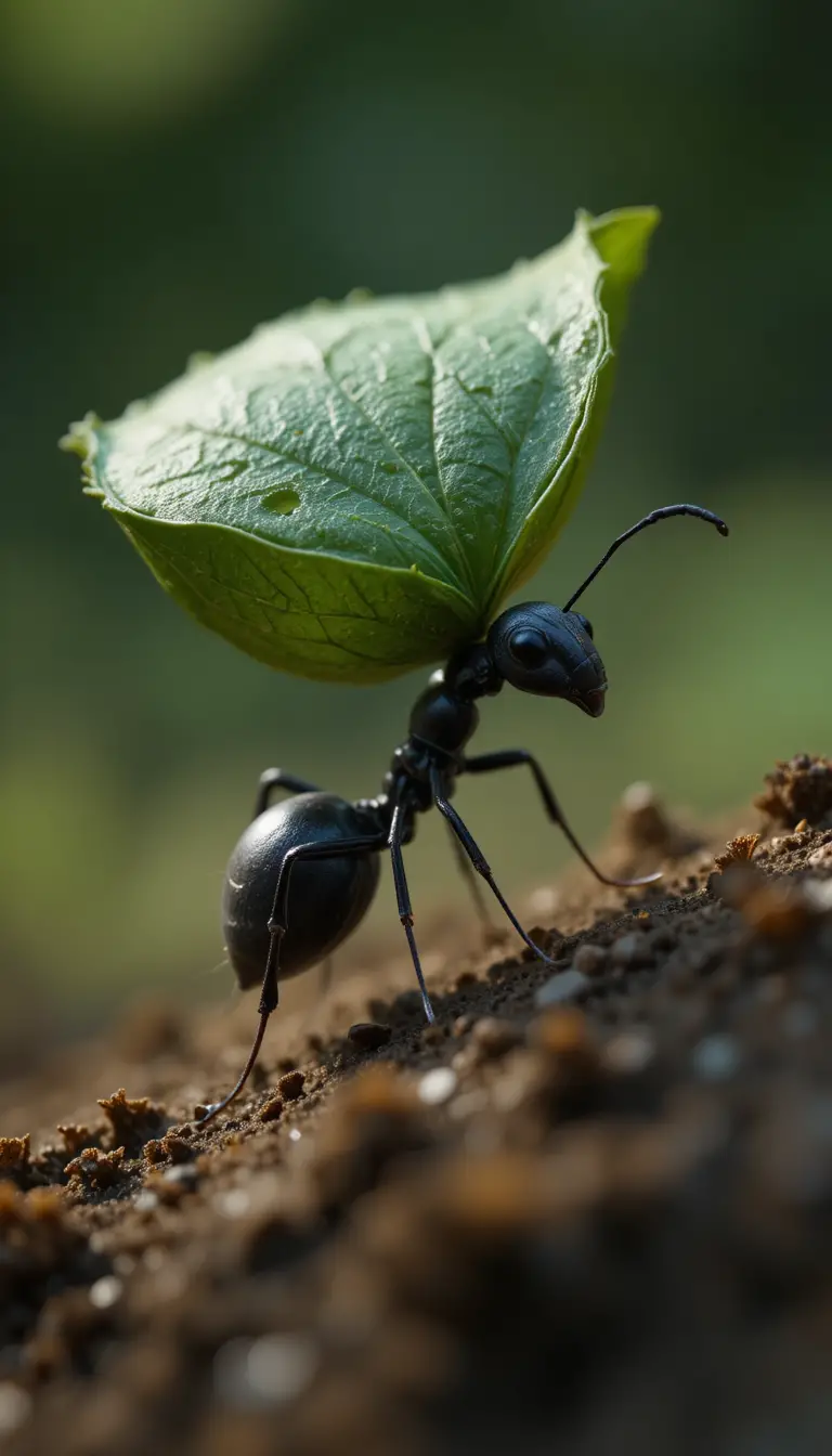 Makroaufnahme einer winzigen schwarzen Ameise mit einem grünen Blatt