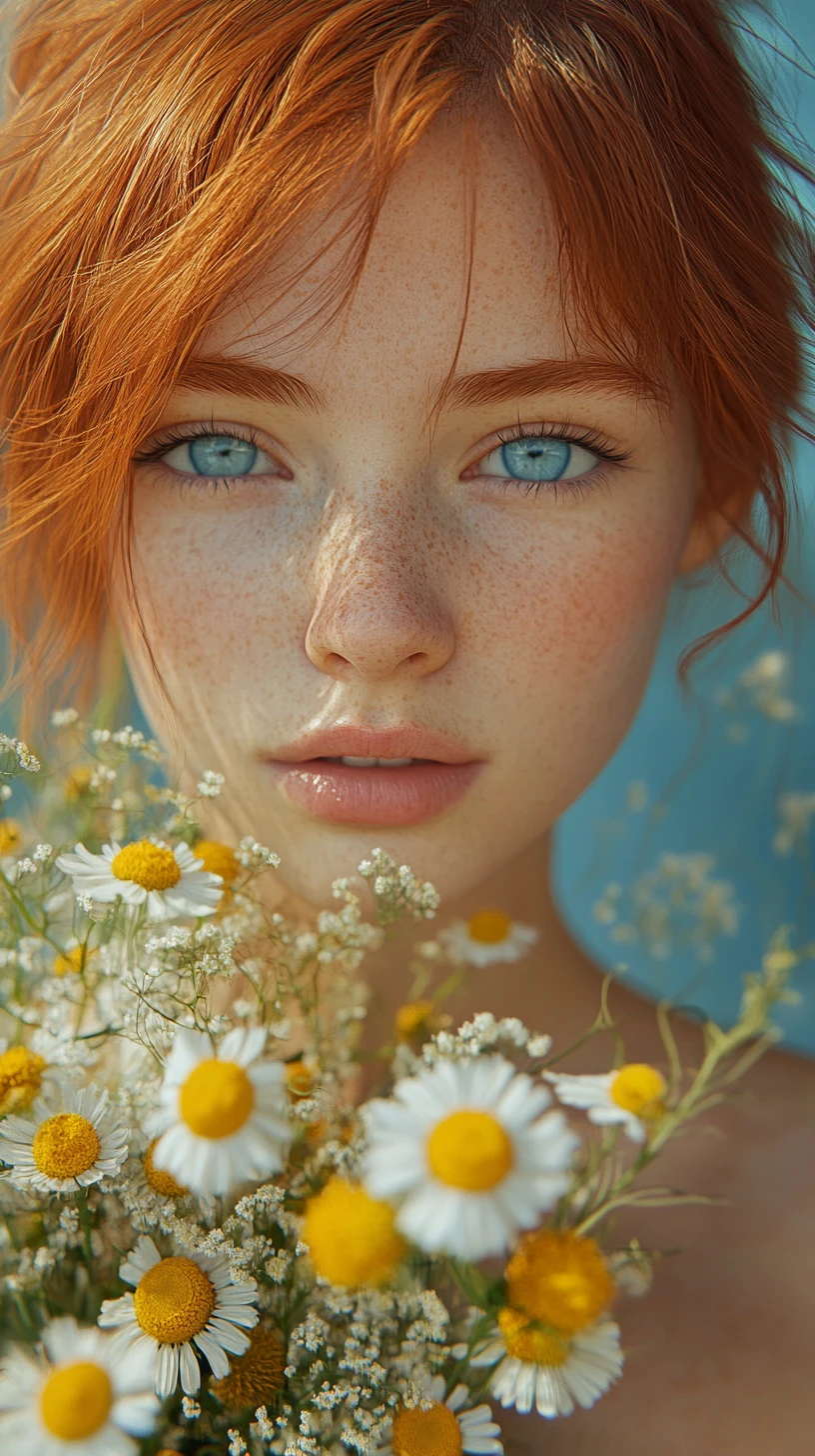 Garota ruiva com buquê de flores silvestres na luz suave do sol