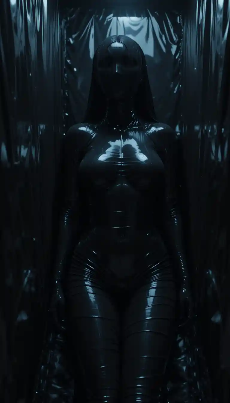 Silhouette cinématographique d’une femme scellée dans du latex brillant