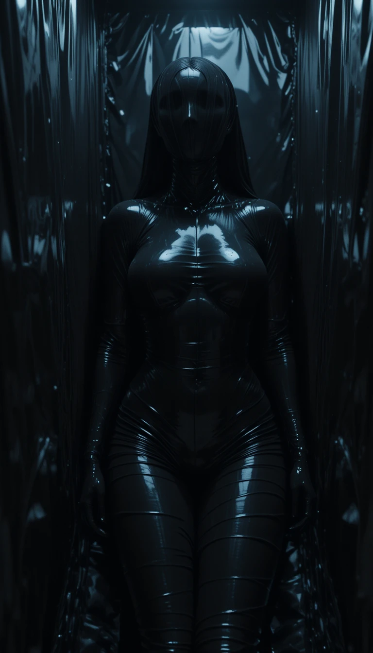 Kinematische Silhouette einer Frau in glänzendem Latex versiegelt