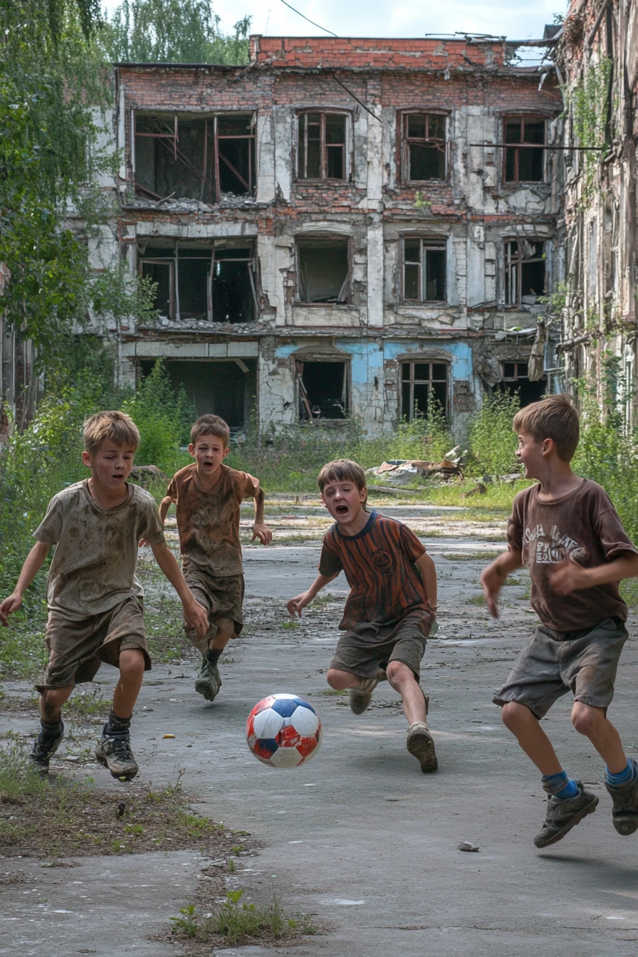 Meninos jogando futebol em um pátio escolar arruinado na cidade