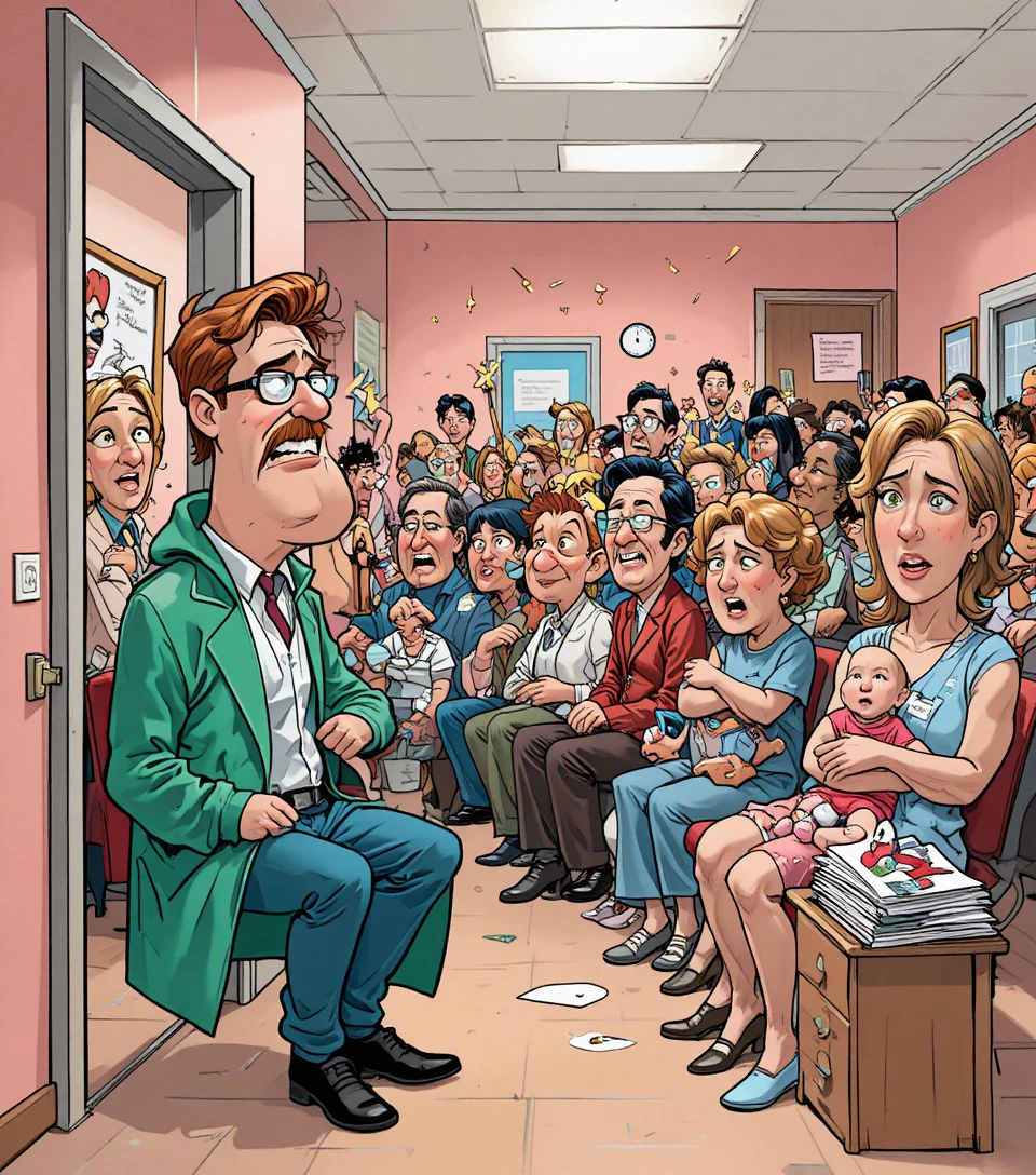 Médecin stressé dans une salle d’attente médicale chaotique façon dessin animé