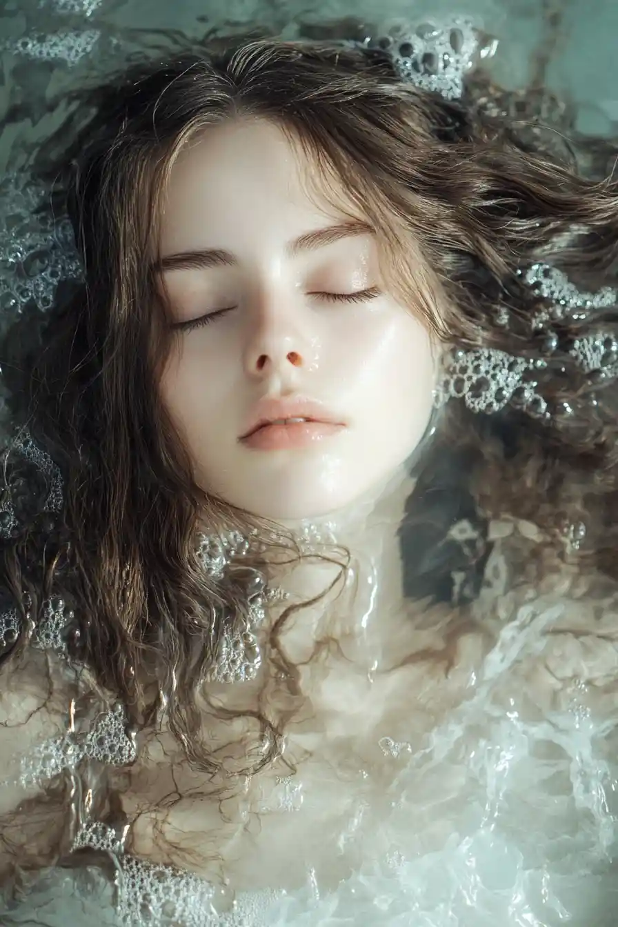 Peaceful Woman Resting In Calm Water With Closed Eyes