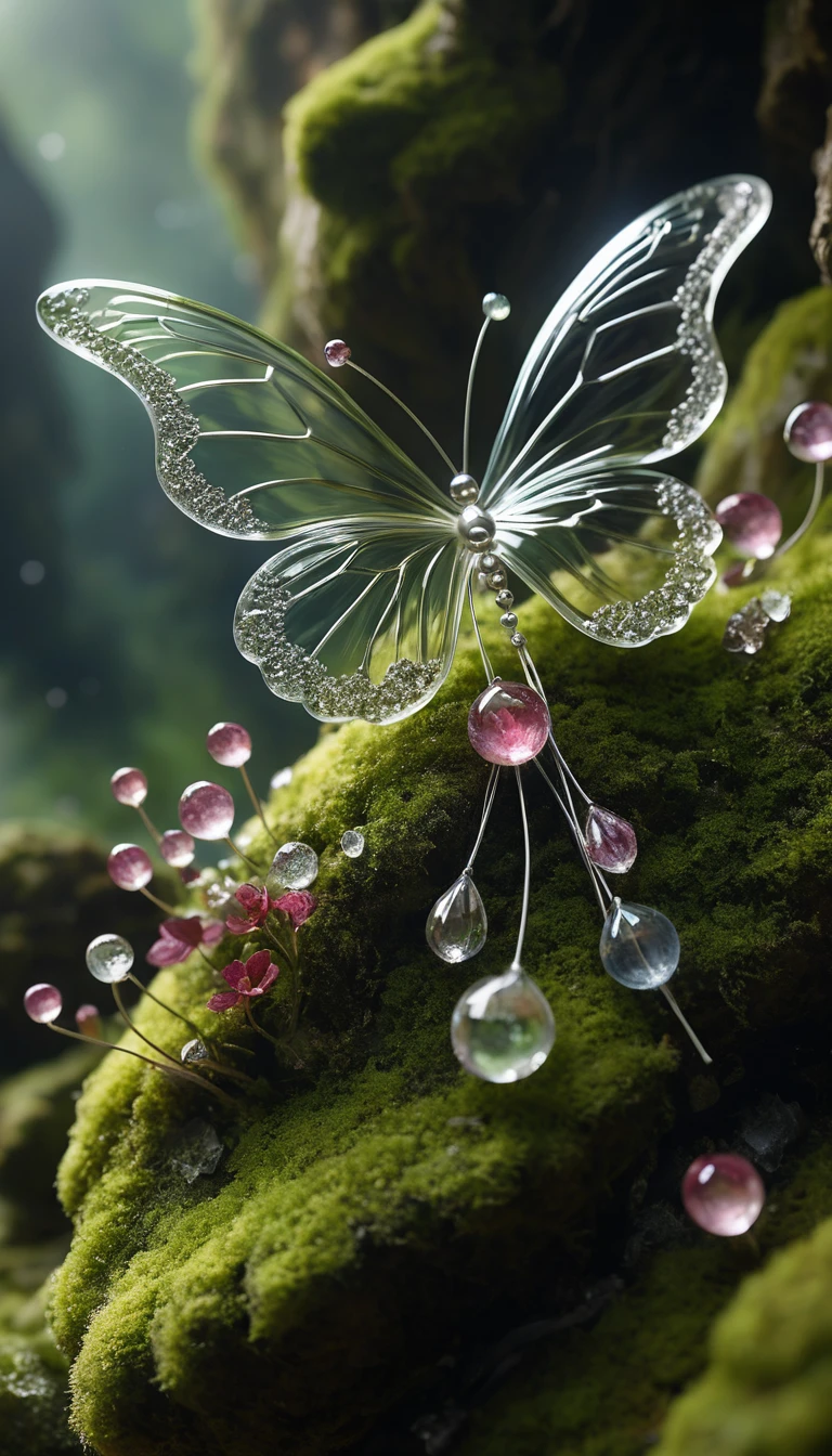Flor borboleta de cristal em penhasco de montanha coberto de musgo