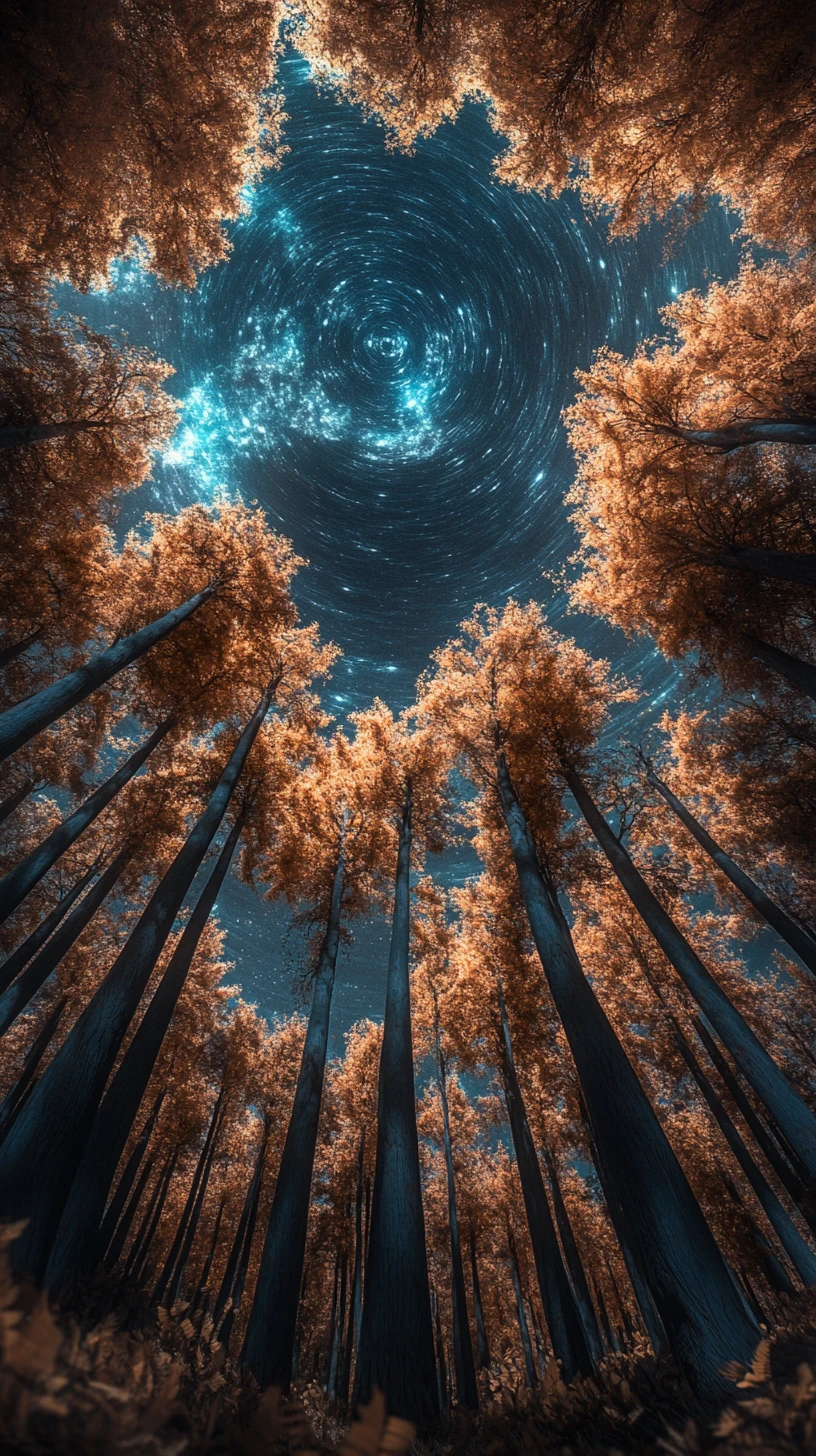 Bosque alienígena de árboles metálicos bajo un cielo cósmico