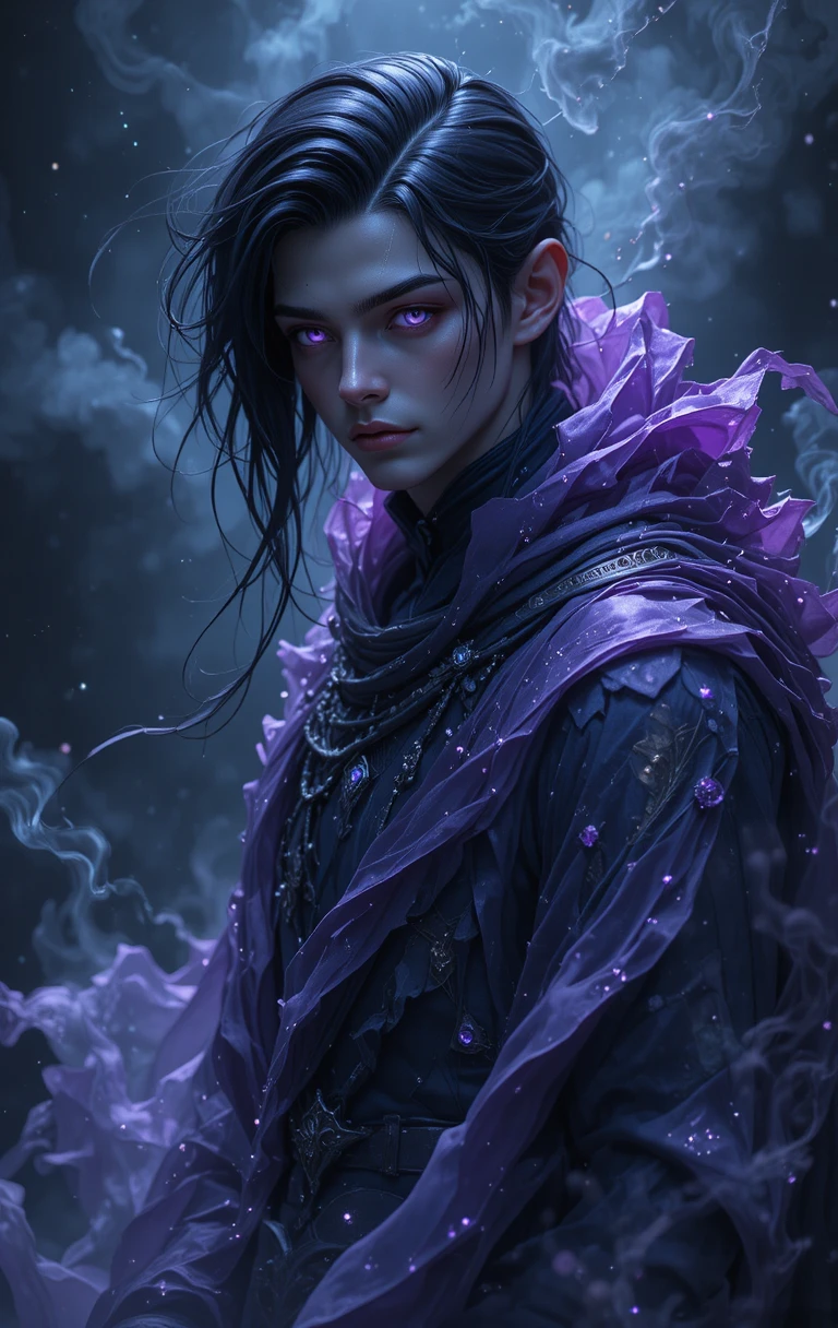 Junger Schattenzauberer mit leuchtend violetten Augen und Runen