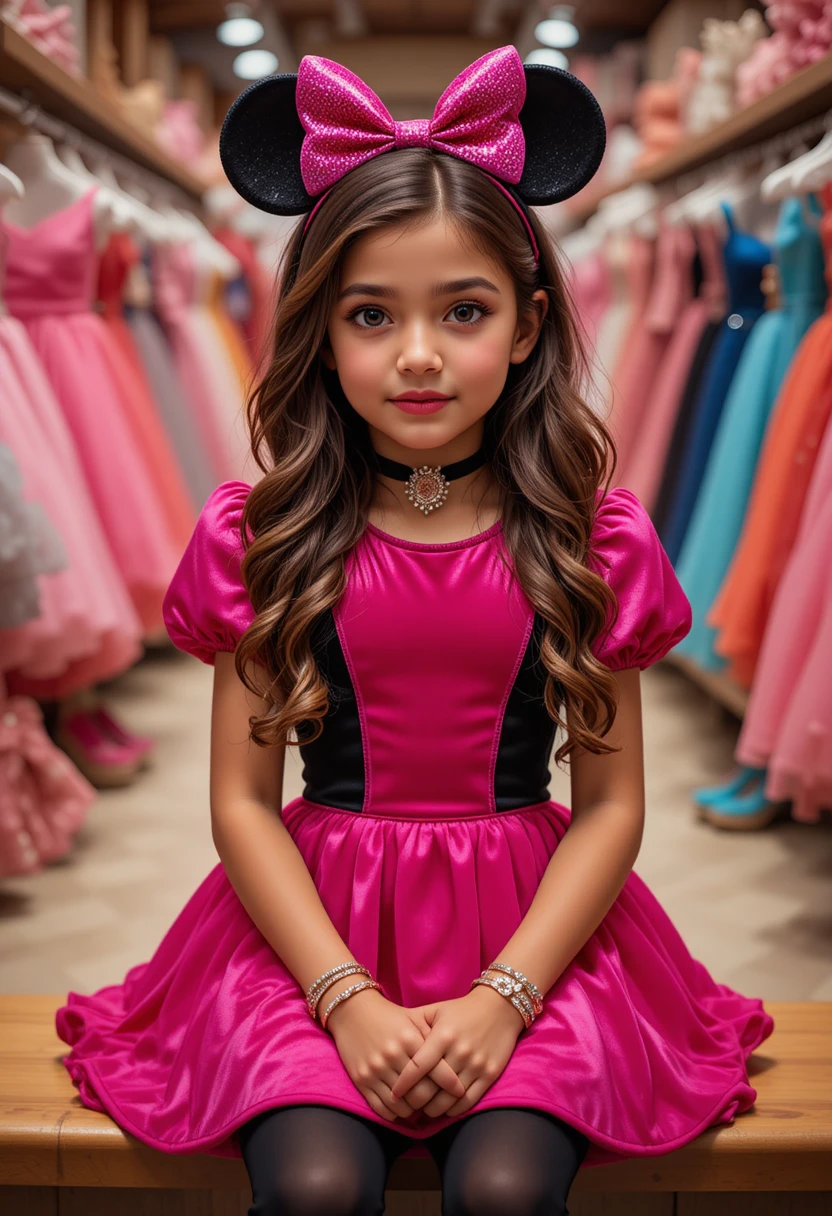 Junges Mädchen im pinken Minnie-Kleid im Disney-Shop