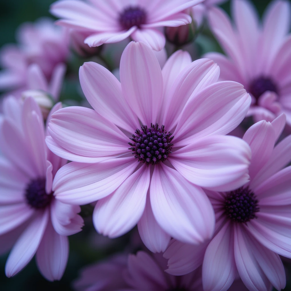 Nahaufnahme weicher lila und rosa Blüten in sanfter Unschärfe