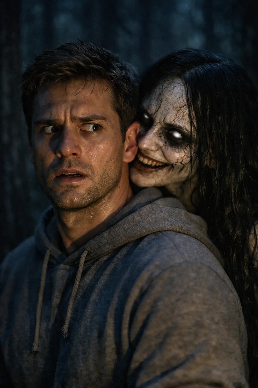 Terrified man with ghostly woman in dark forest