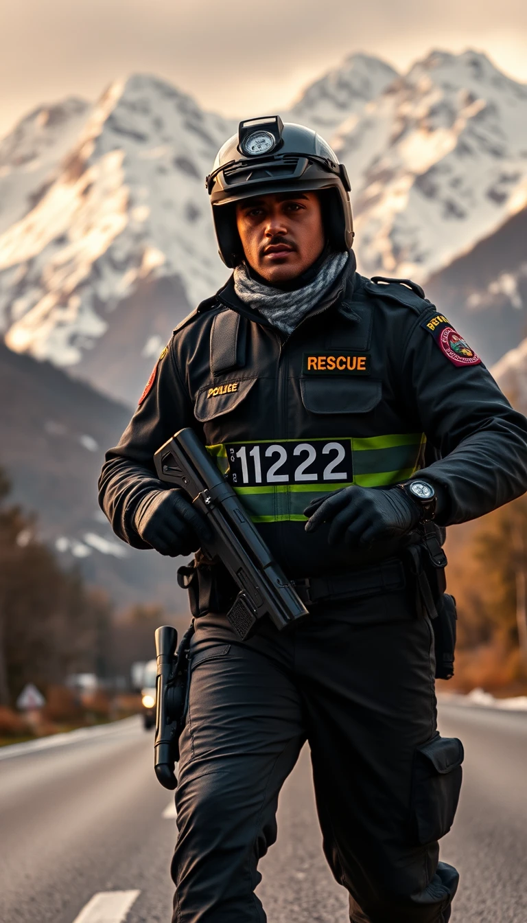 Ufficiale di soccorso pakistano in pattuglia su strada di montagna innevata