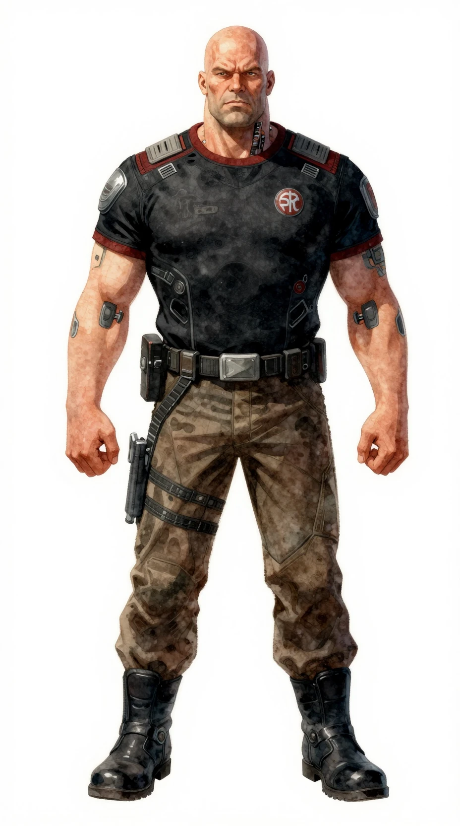 Oficial cibernético careca em uniforme futurista