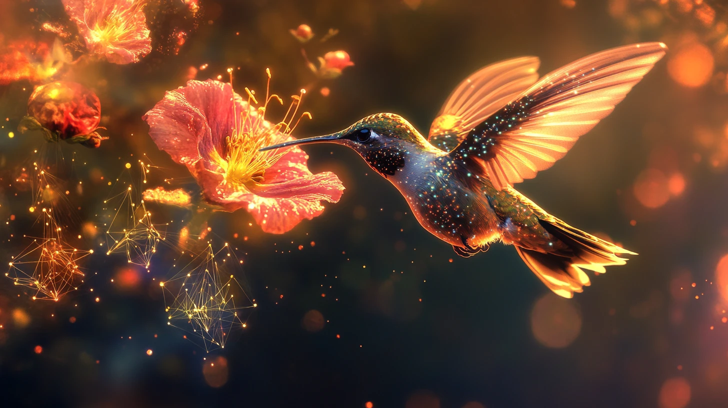 Humano observando um beija-flor em voo parado ao lado de uma flor brilhante
