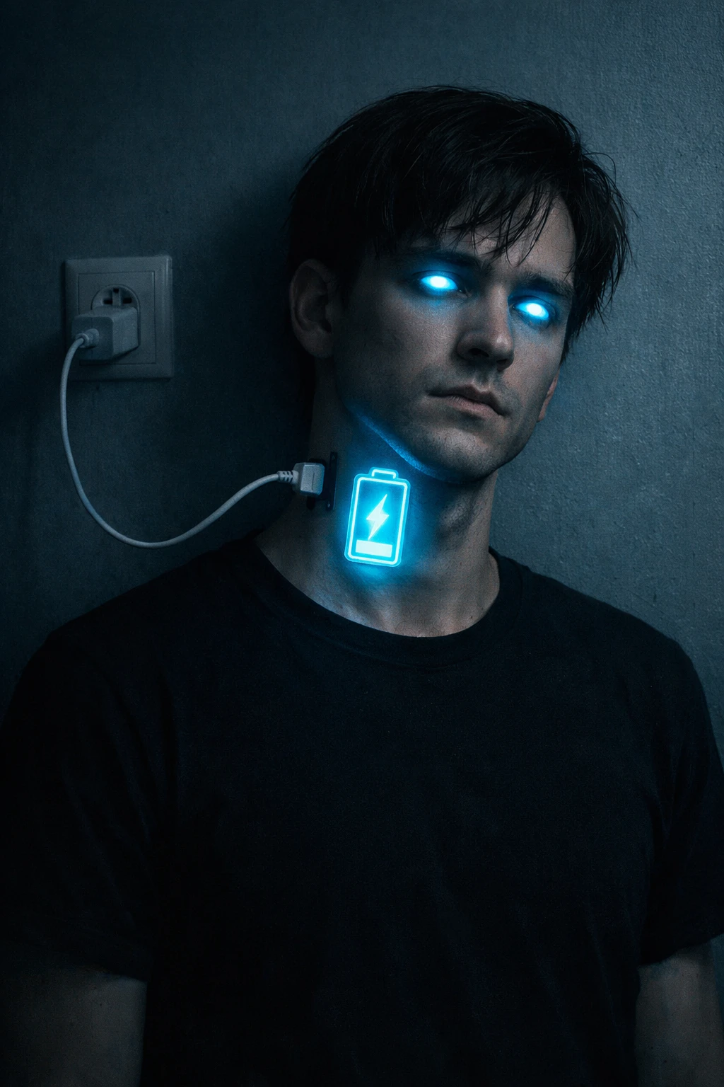 Junger Mann lädt sich mit blauem Neon-Kabel auf