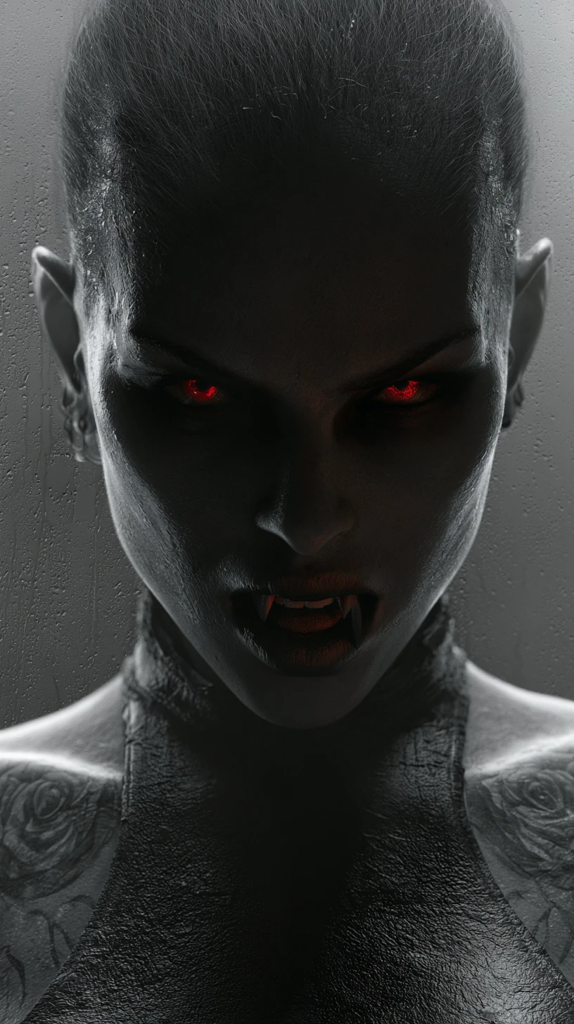 Mulher vampira em close com olhos vermelhos brilhantes