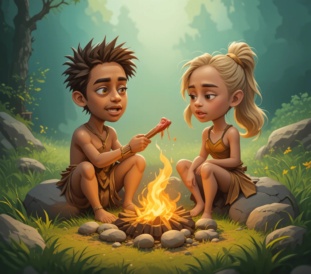 Enfants préhistoriques cuisinant ensemble près d’un petit feu de camp