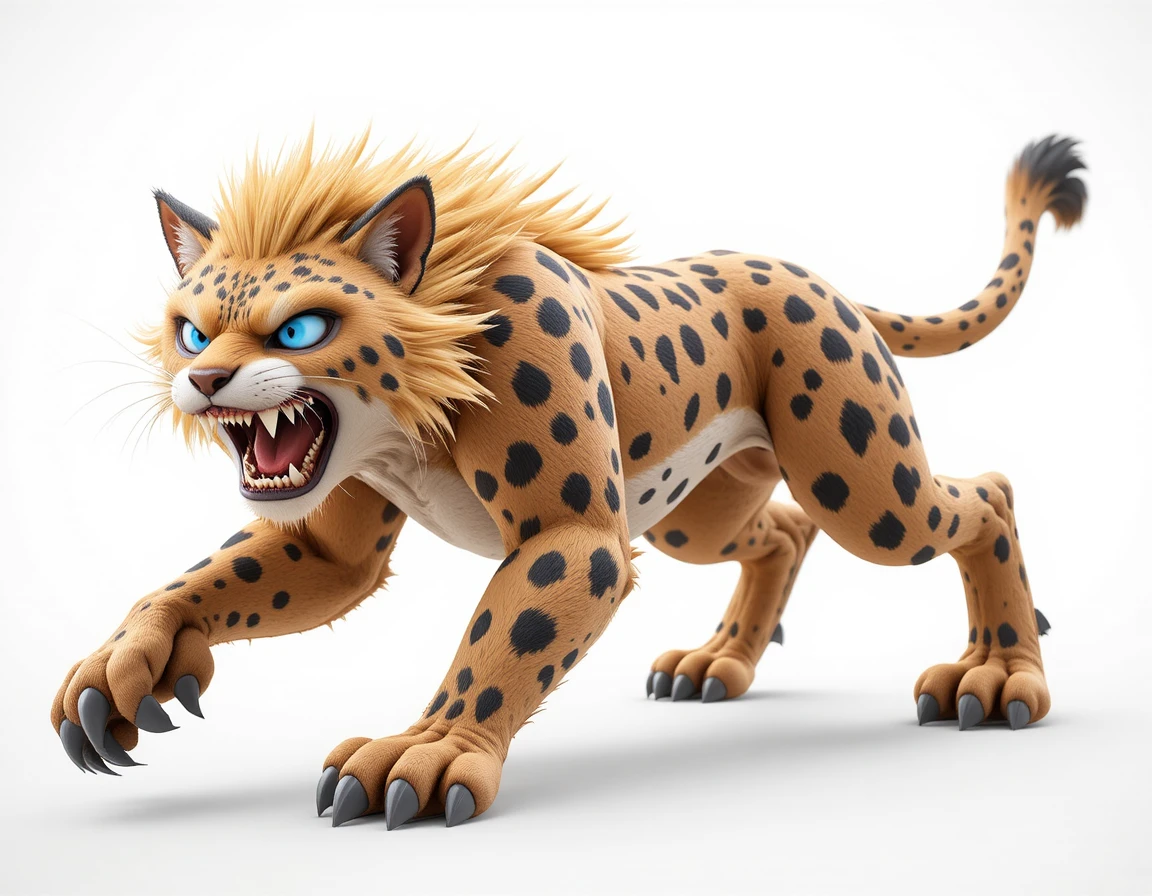 Felino dente-de-sabre estilizado em pose dinâmica de estúdio 3D