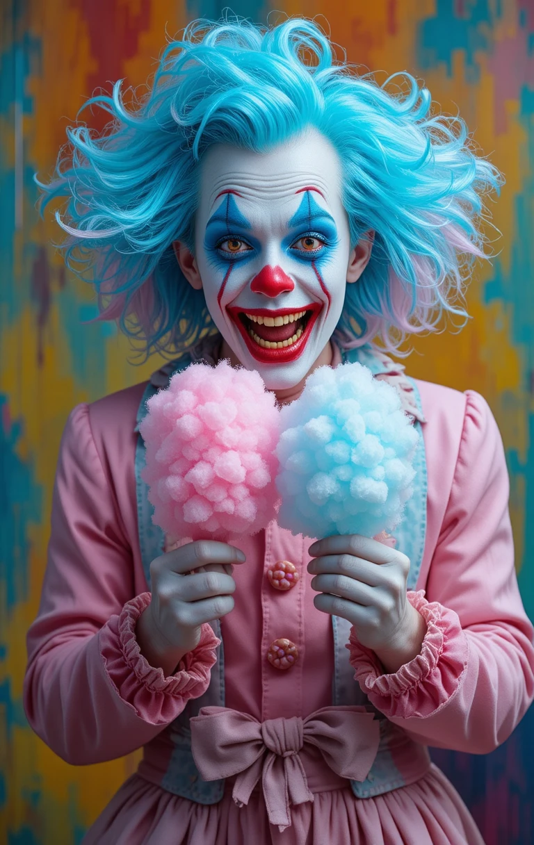 Palhaço Macabro de Doces com Algodão-Doce Azul e Rosa