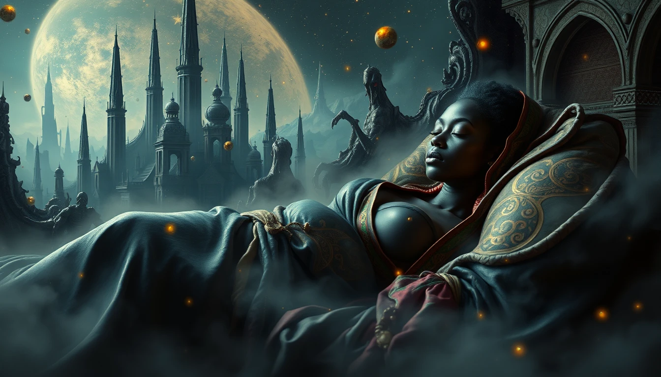 Sleeping woman in a glowing surreal dream world