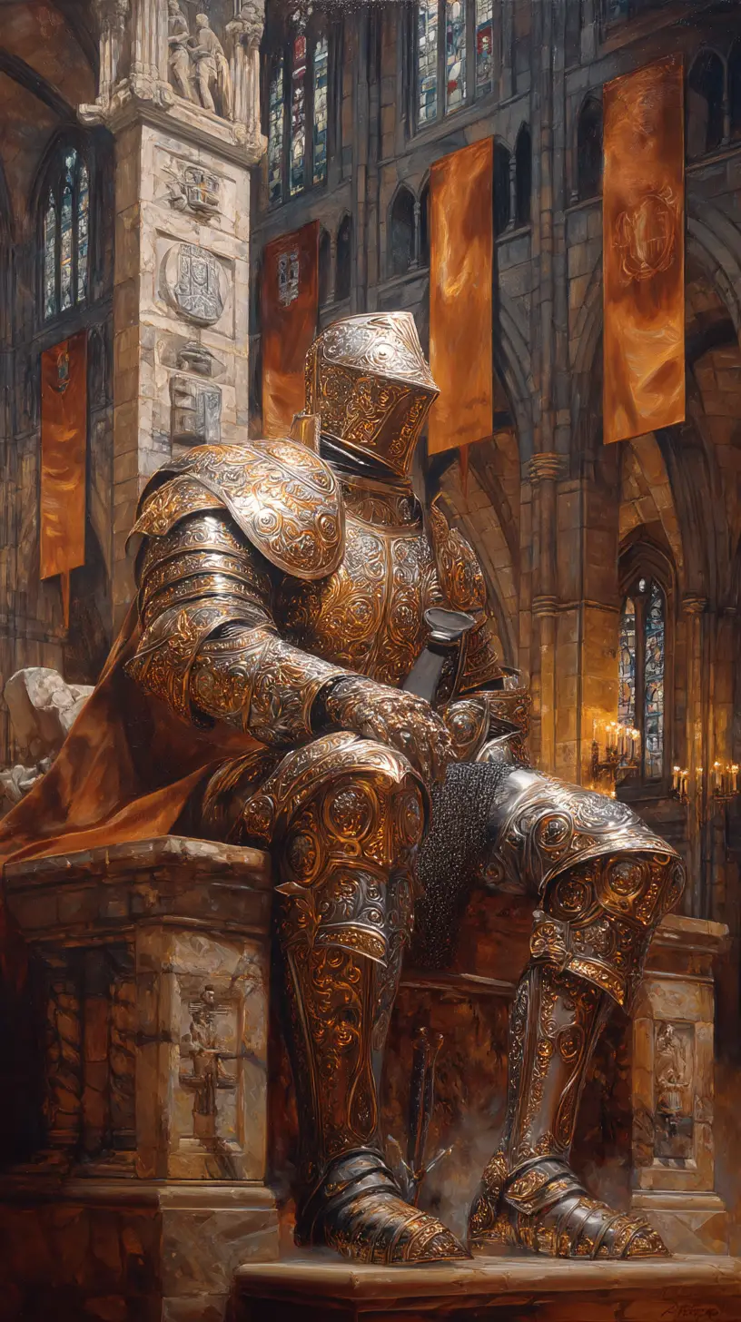 Goldgerüsteter Ritter auf einem steinernen Thron