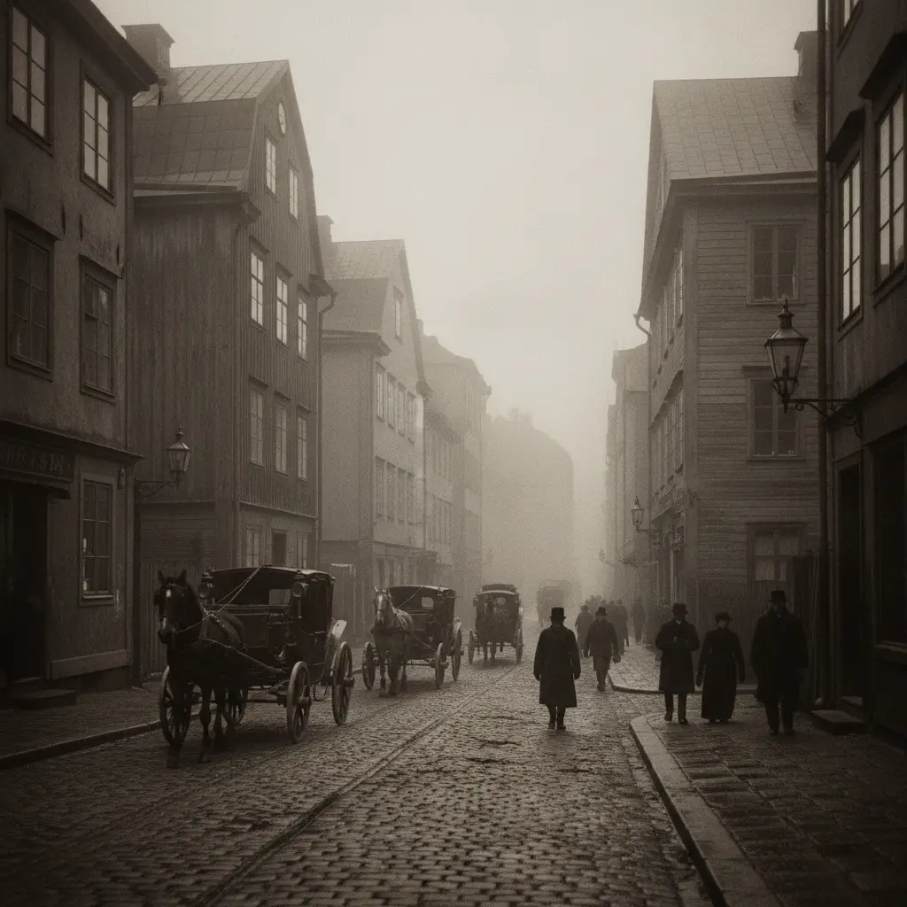 Foggy black and white view of historic Stockholm street