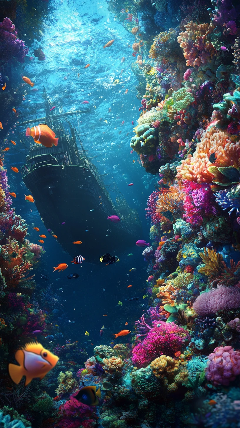 Récif corallien coloré avec petits poissons et navire fantastique englouti