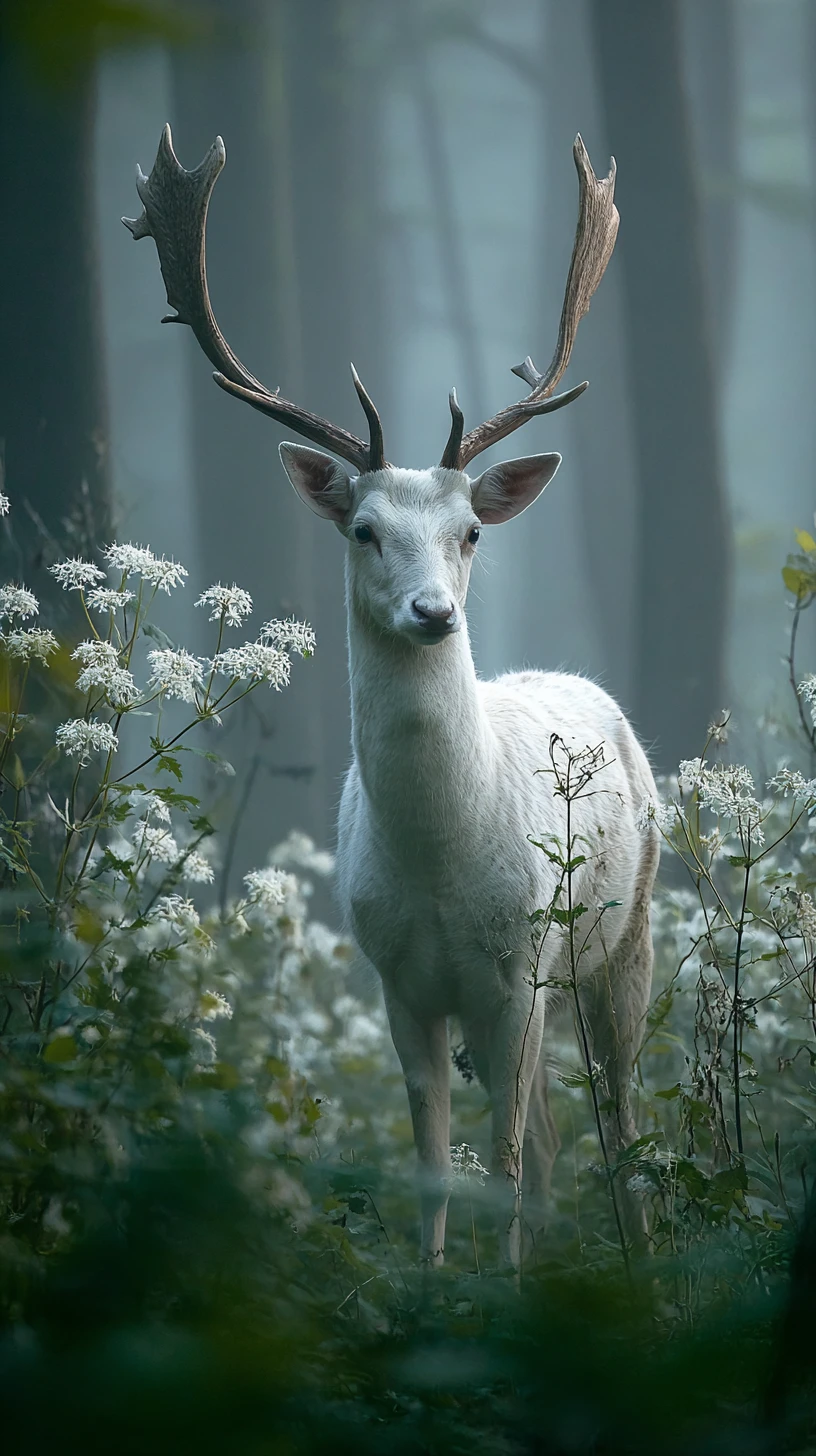 Cervo branco em pé em um riacho de floresta enevoado ao amanhecer