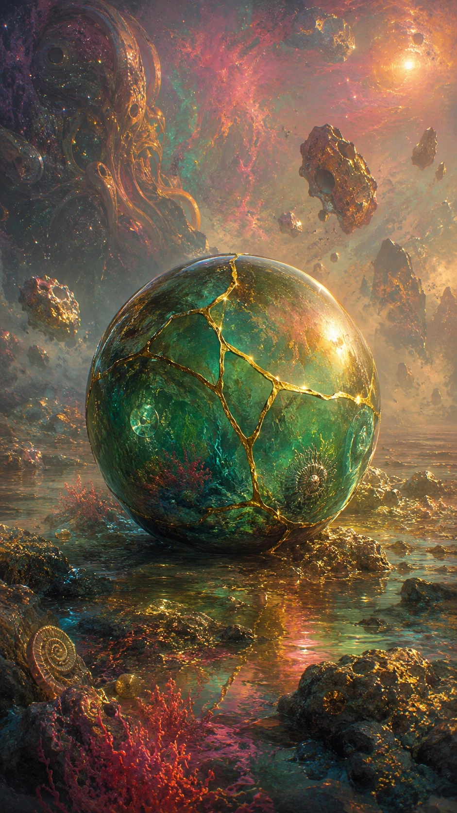 Esfera alienígena de vidro-marinho brilhando no espaço dourado